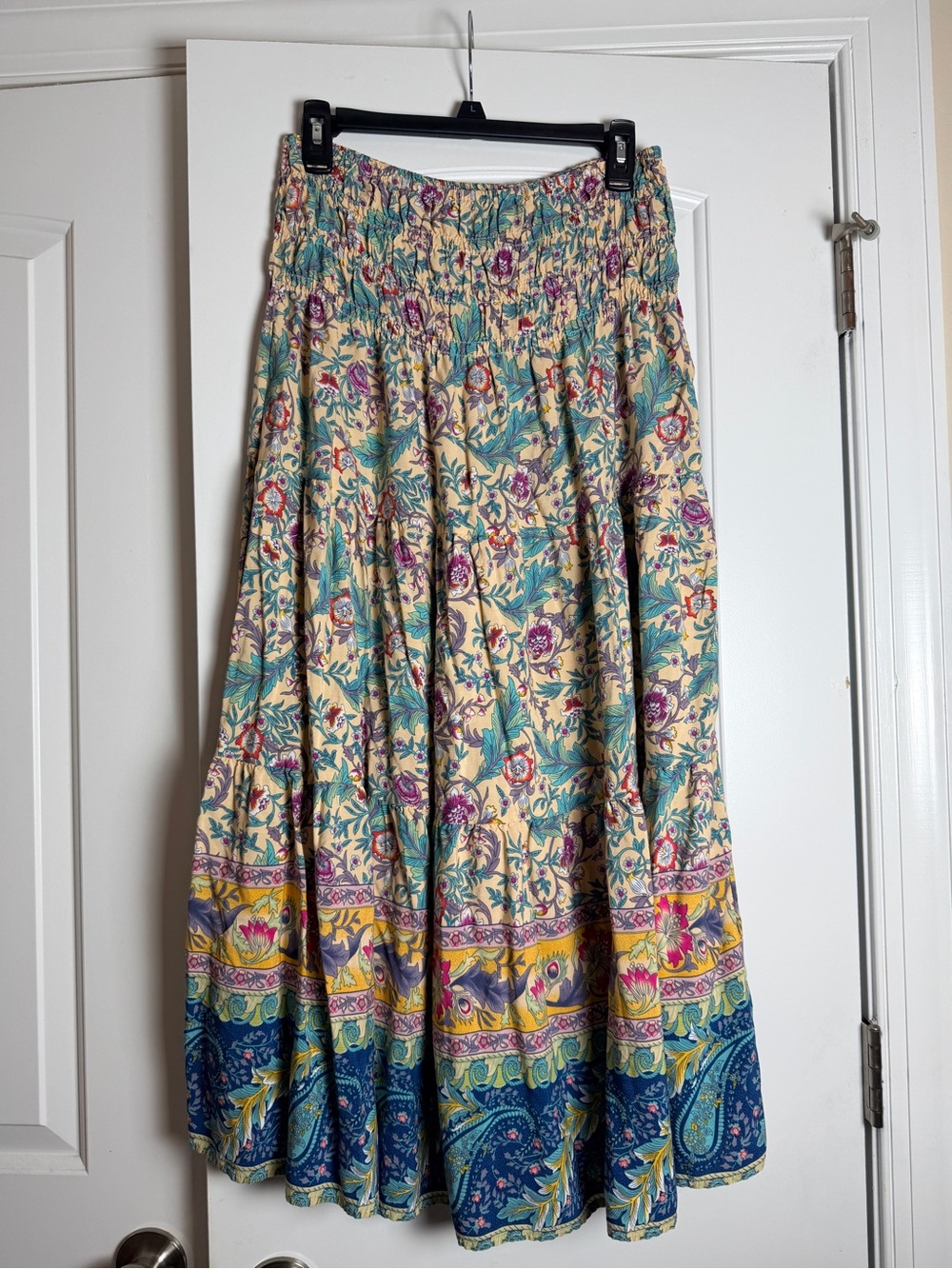 Floral Tiered Maxi Skirt in Cream and Teal